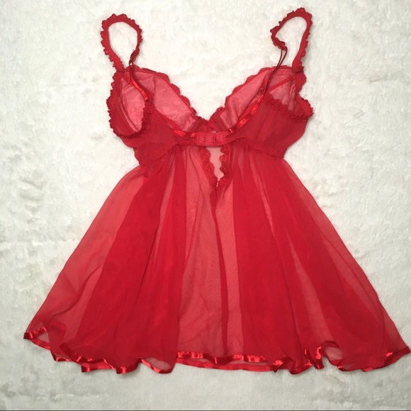 Vintage Red Lace Sheer Mesh Lingerie Babydoll Top XS - Picture 3 of 6
